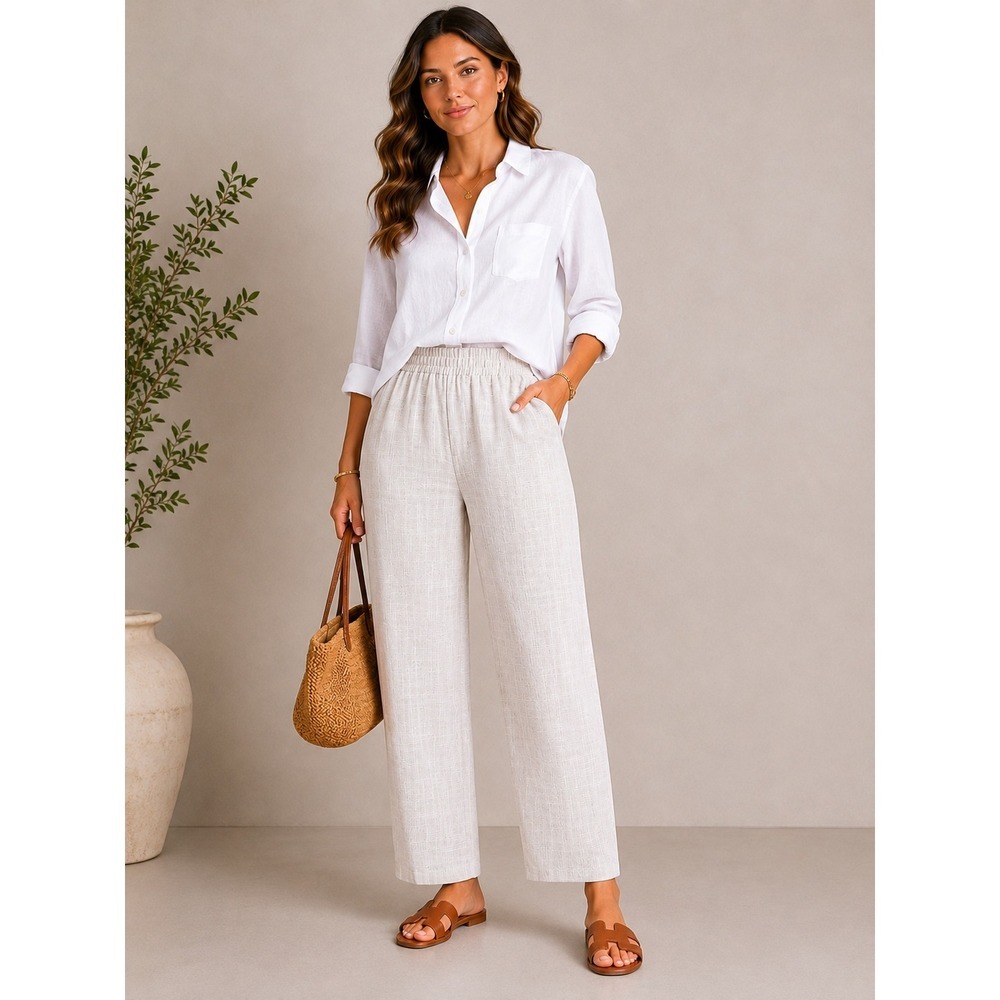 Oska Womens Beige 100% Linen Elastic Waist Tapered Leg Trousers Pants 01160